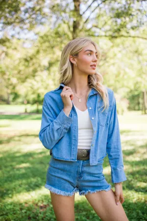 A Girl Like Me Medium Wash Cropped Chambray Blouse