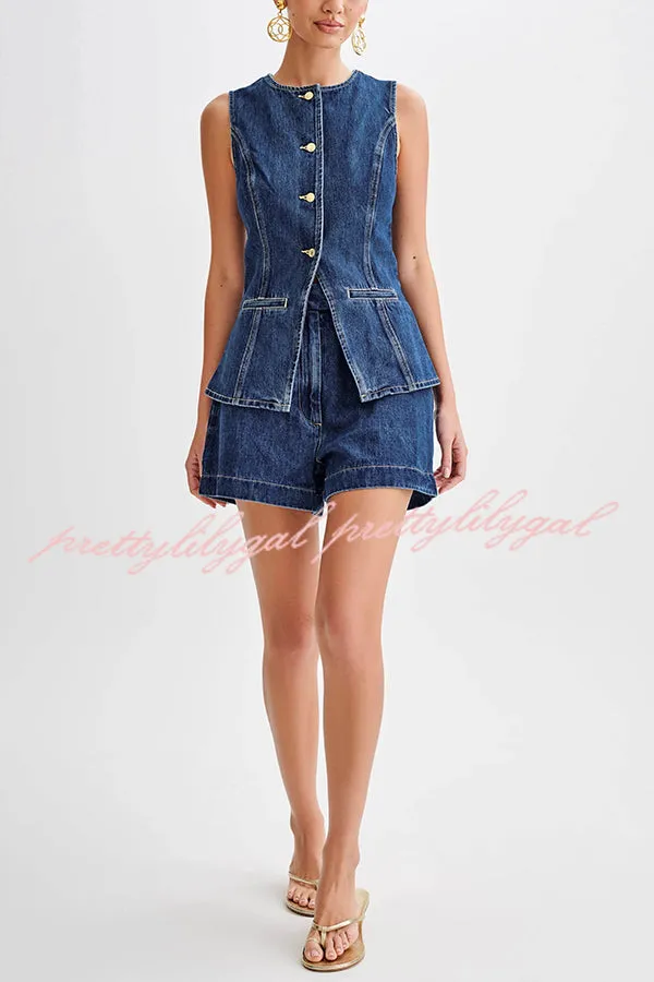 Abel Denim Button Up Princess Seams Pocket Vest Top