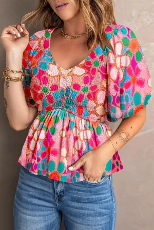 Belle Printed V-Neck Babydoll Blouse