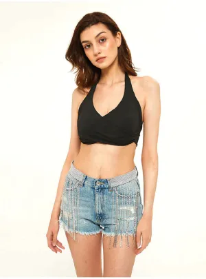 BROAD-LEGGED TIDE SRILL CHAIN DENIM SHORTS