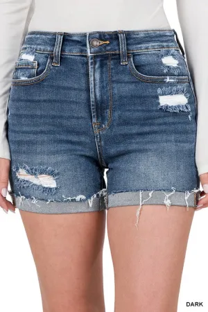 Comfy Girl Distressed Cuffed Raw Hem Denim Shorts