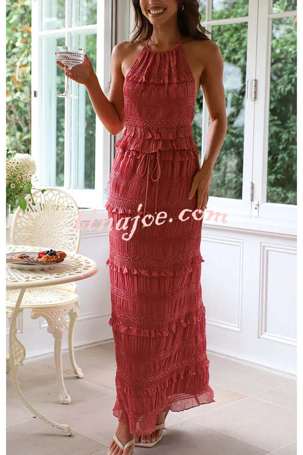 Feel Chic and Romantic Sequin Textured Material Back Elastic Halter Tie Tank and Drawstring Waist Tiered Maxi Skirt Set