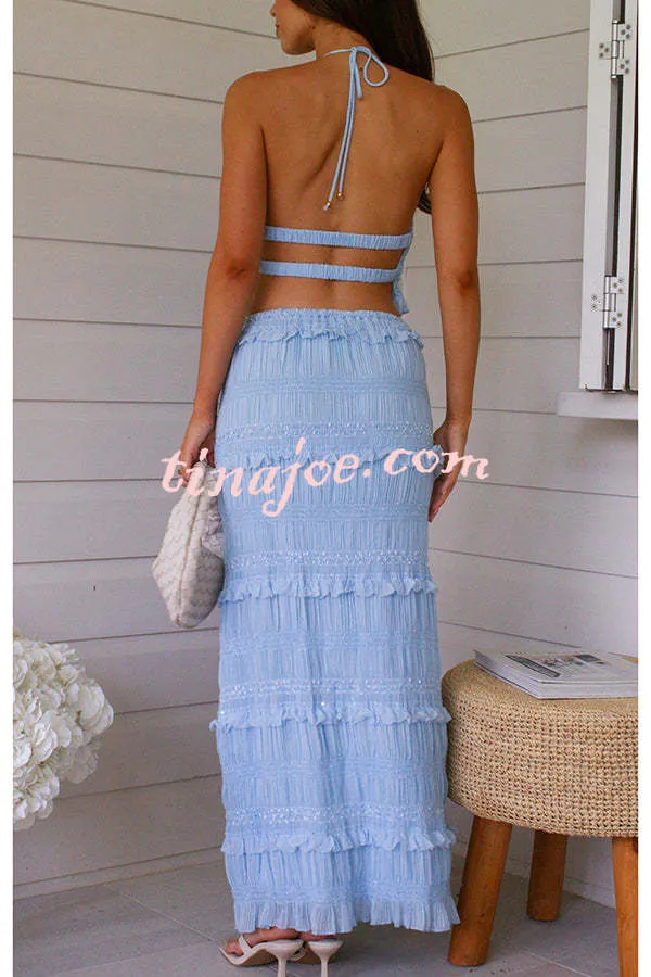 Feel Chic and Romantic Sequin Textured Material Back Elastic Halter Tie Tank and Drawstring Waist Tiered Maxi Skirt Set