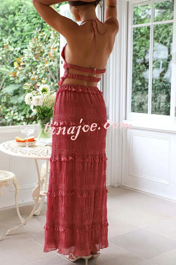 Feel Chic and Romantic Sequin Textured Material Back Elastic Halter Tie Tank and Drawstring Waist Tiered Maxi Skirt Set