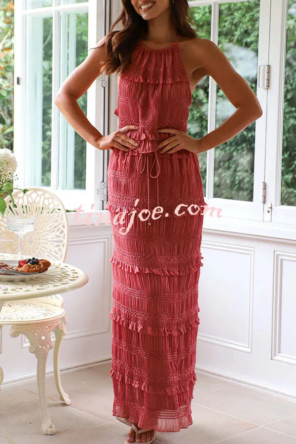 Feel Chic and Romantic Sequin Textured Material Back Elastic Halter Tie Tank and Drawstring Waist Tiered Maxi Skirt Set