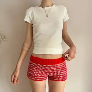 Handmade red and light grey striped crochet shorts