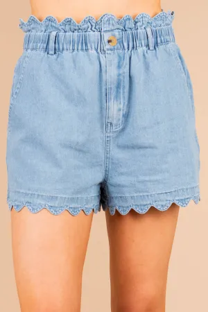 Here To Relax Denim Blue Denim Scalloped Shorts