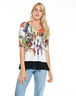 Inoah - Much Ado, Elbow Sleeve Chiffon Hem Wearable Art Colorfully Printed Top