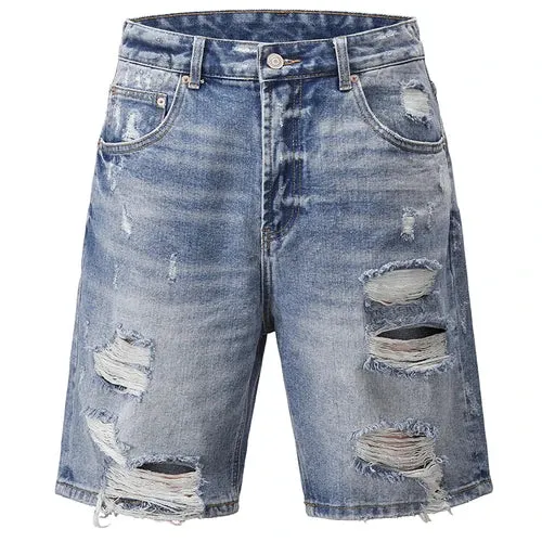 Light Blue Denim Shorts with Holes and Washed Finish