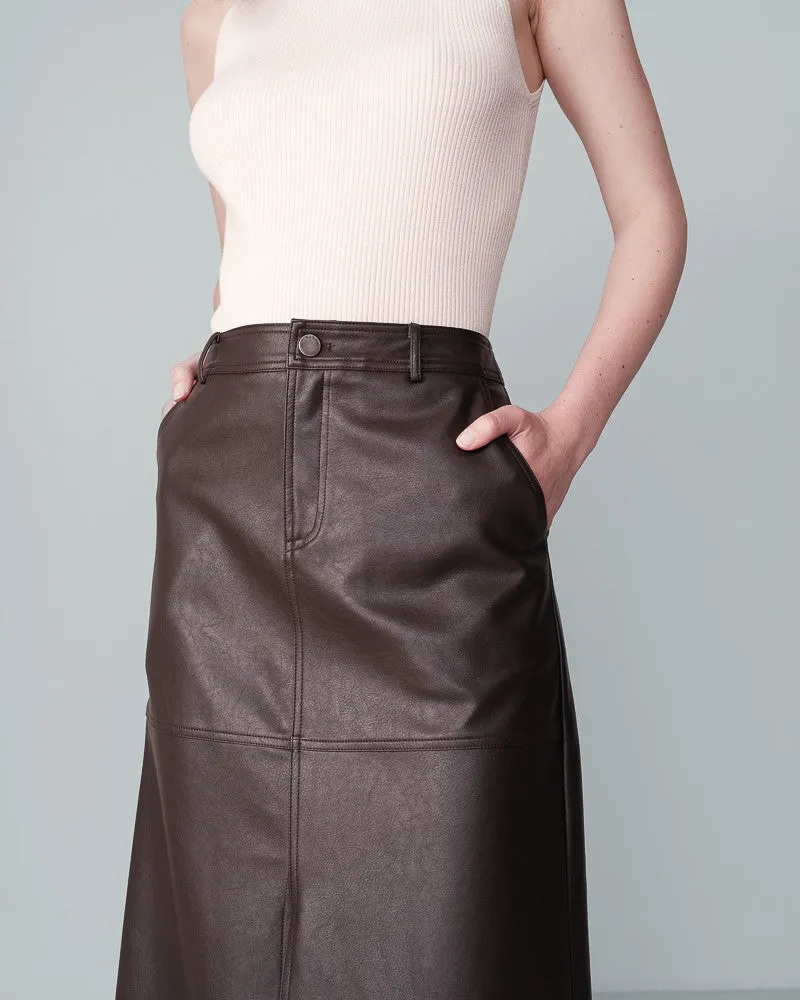 Nory  Faux Leather Midi Skirt Chocolate