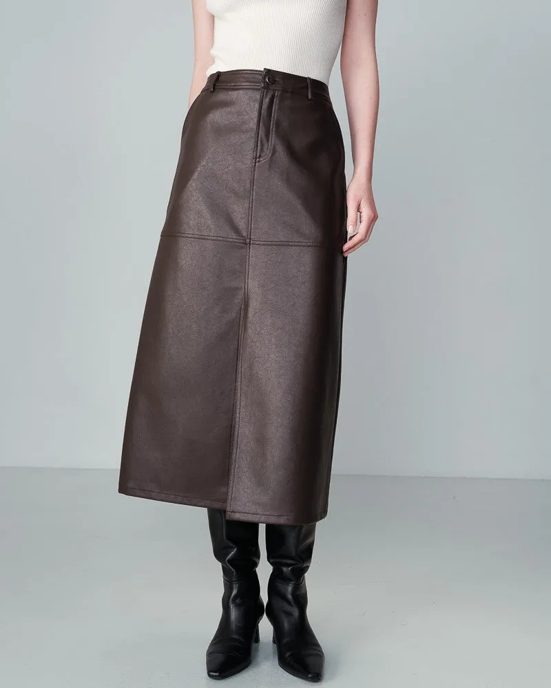 Nory  Faux Leather Midi Skirt Chocolate