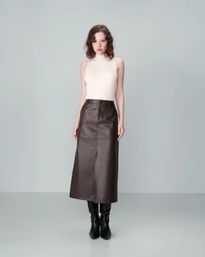 Nory  Faux Leather Midi Skirt Chocolate