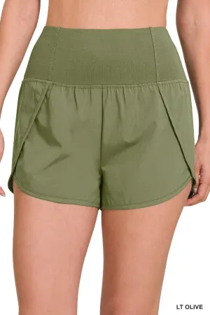 Olive High Waisted Zipper Back Pocket Running Shorts