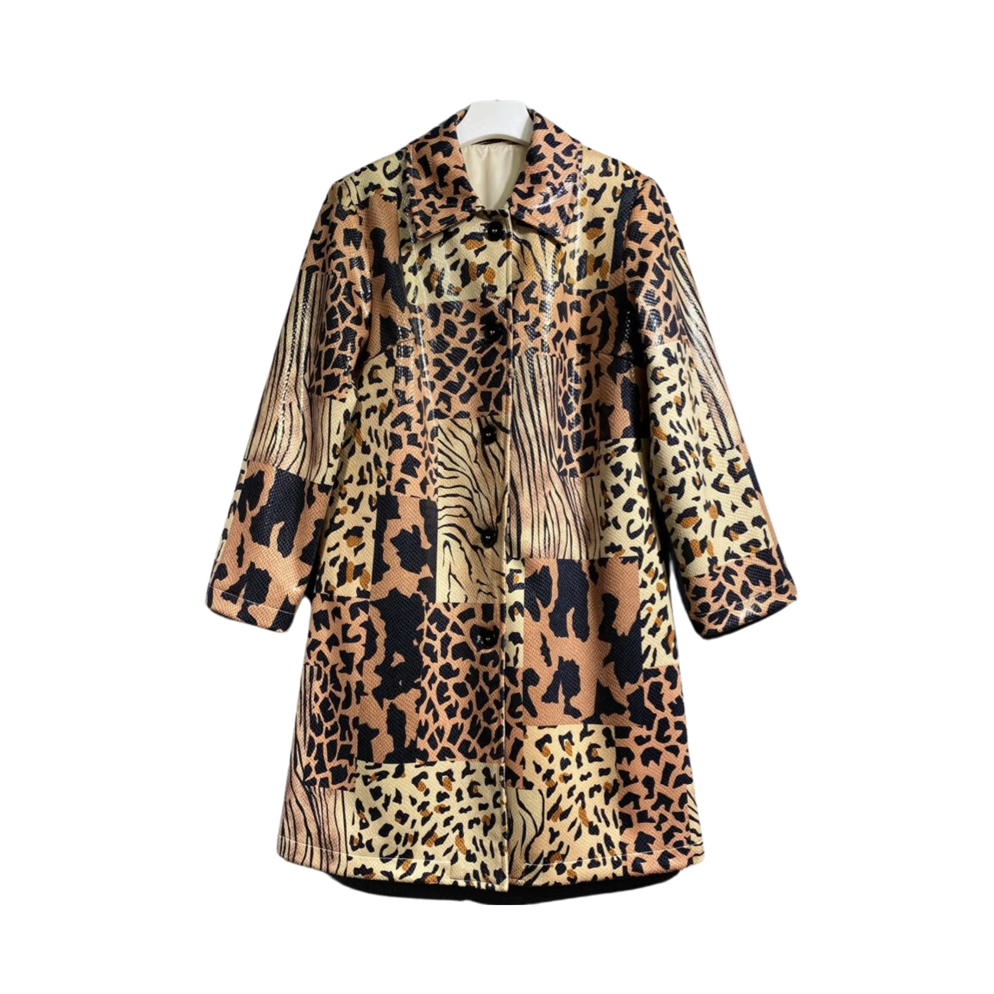 Pre Order:  Leopard Spliced Faux Leather Coat