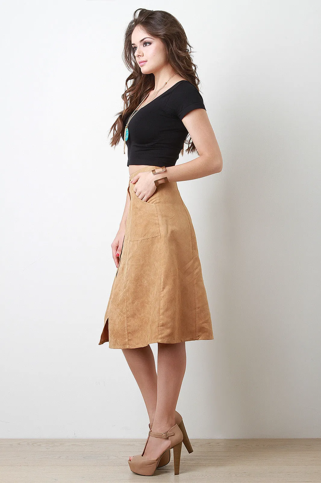 Vegan Suede Button Midi Skirt