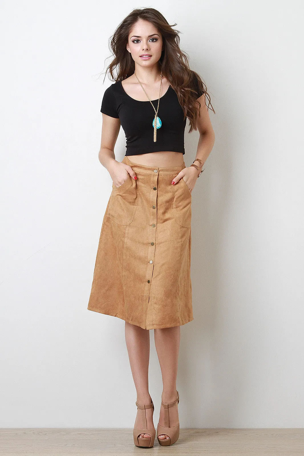 Vegan Suede Button Midi Skirt