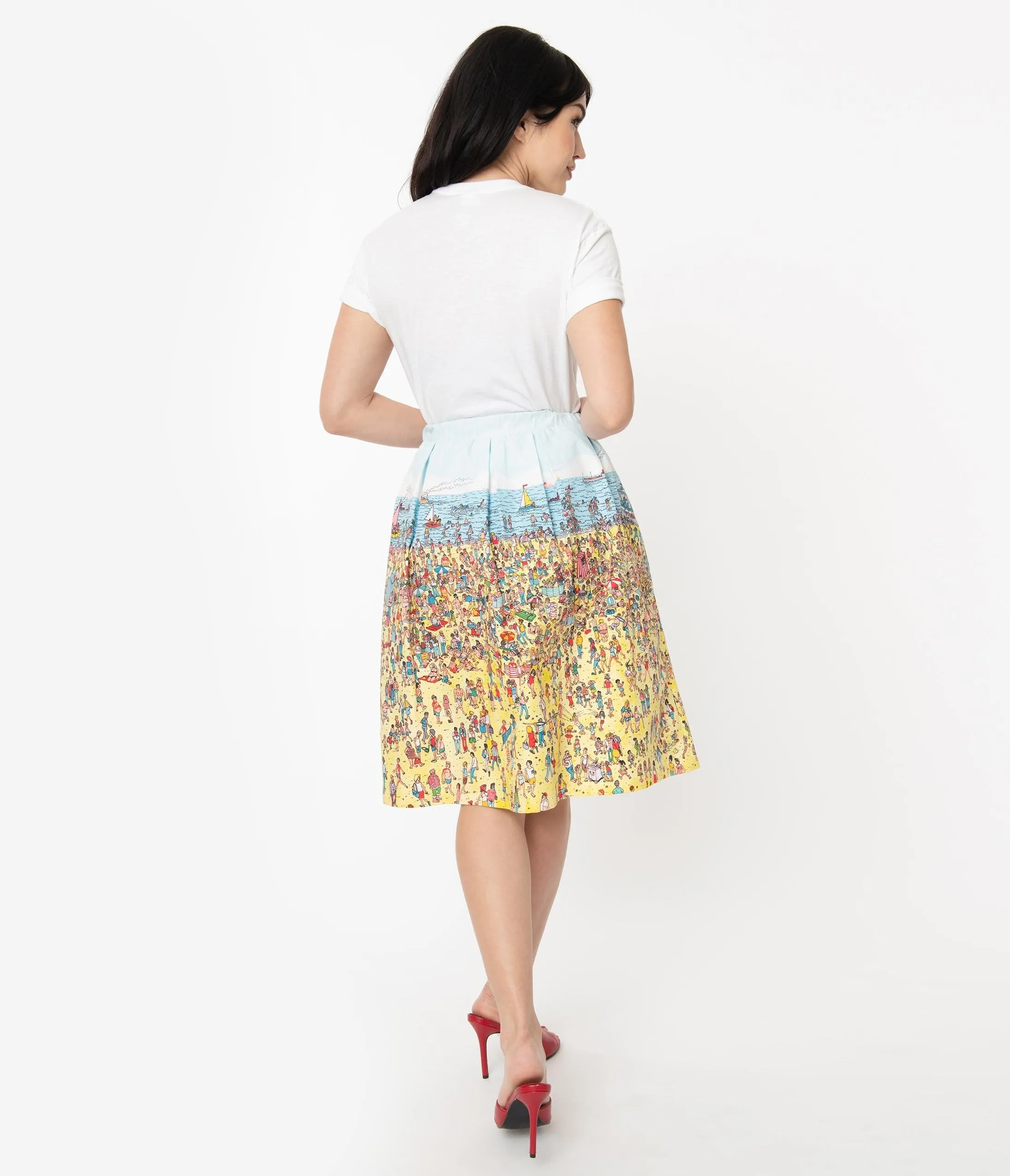 Wheres Waldo x Unique Vintage On The Beach Print Jayne Swing Skirt