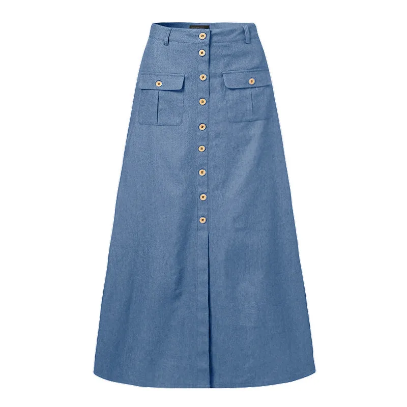 Women Denim Maxi Skirt Vintage Skirts Casual Solid Skirt Oversized