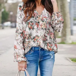 Women Spring Floral V Neck Long Sleeve Loose Soft Bohemian Blouse